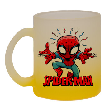 Spiderman flying, Κούπα γυάλινη δίχρωμη με βάση το κίτρινο ματ, 330ml