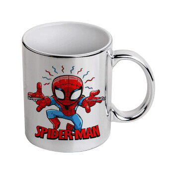 Spiderman flying, Κούπα κεραμική, ασημένια καθρέπτης, 330ml