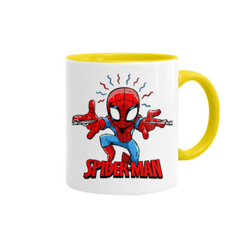 Spiderman flying, Κούπα χρωματιστή κίτρινη, κεραμική, 330ml