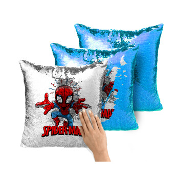 Spiderman flying, Μαξιλάρι καναπέ Μαγικό Μπλε με πούλιες 40x40cm περιέχεται το γέμισμα