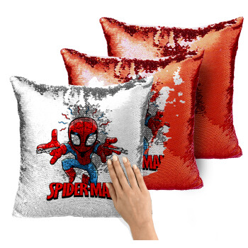 Spiderman flying, Μαξιλάρι καναπέ Μαγικό Κόκκινο με πούλιες 40x40cm περιέχεται το γέμισμα