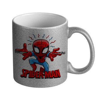 Spiderman flying, Κούπα Ασημένια Glitter που γυαλίζει, κεραμική, 330ml
