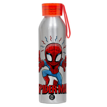 Spiderman flying, Αλουμινένιο Αθλητικό Μπουκάλι 650ml – Ασημί με Κόκκινο Καπάκι και Λουράκι Σιλικόνης