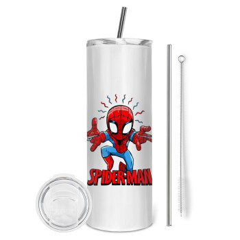 Spiderman flying, Eco friendly ποτήρι θερμό (tumbler) από ανοξείδωτο ατσάλι 600ml, με μεταλλικό καλαμάκι & βούρτσα καθαρισμού