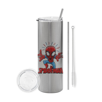 Spiderman flying, Eco friendly ποτήρι θερμό Ασημένιο (tumbler) από ανοξείδωτο ατσάλι 600ml, με μεταλλικό καλαμάκι & βούρτσα καθαρισμού