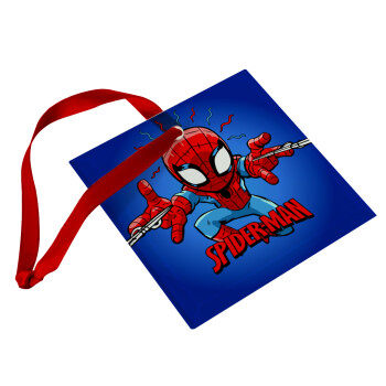 Spiderman flying, Χριστουγεννιάτικο στολίδι γυάλινο τετράγωνο 9x9cm