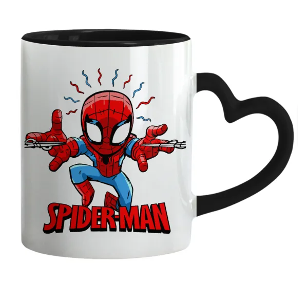 Spiderman flying — Κούπα καρδιά χερούλι μαύρη, κεραμική, 330ml