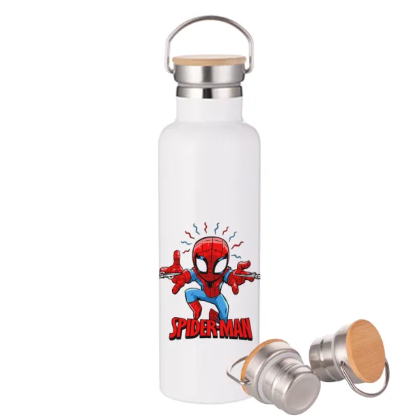 Spiderman flying — Μεταλλικό παγούρι θερμός (Stainless steel) Λευκό με ξύλινο καπάκι (bamboo), διπλού τοιχώματος, 750ml