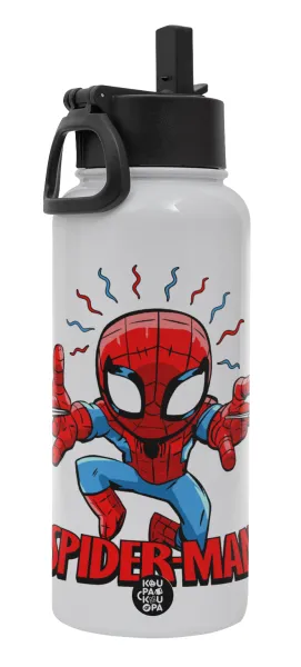 Spiderman flying — Metal mug thermo White with Straw and Spout Lid (Stainless steel), double wall, 950ml
