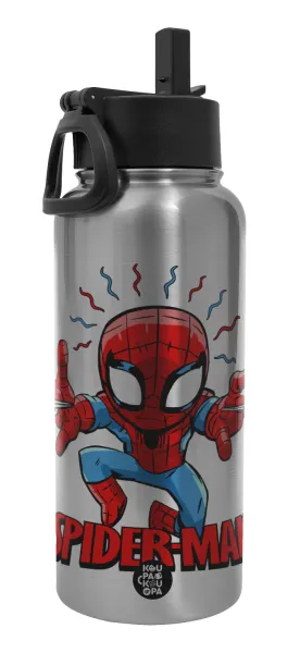 Spiderman flying — Metal mug thermo Silver with Straw and Spout Lid (Stainless steel), double wall, 950ml