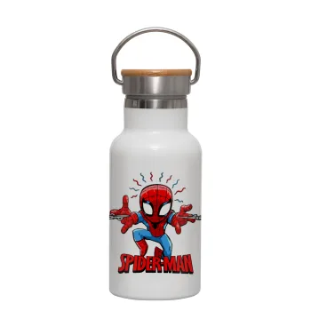 Spiderman flying, Μεταλλικό παγούρι θερμός (Stainless steel) Λευκό με ξύλινο καπακι (bamboo), διπλού τοιχώματος, 350ml