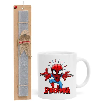 Spiderman flying, Πασχαλινή Λαμπάδα με Κούπα κεραμική (330ml) & κερί αρωματικό πλακέ (30cm) (ΓΚΡΙ)
