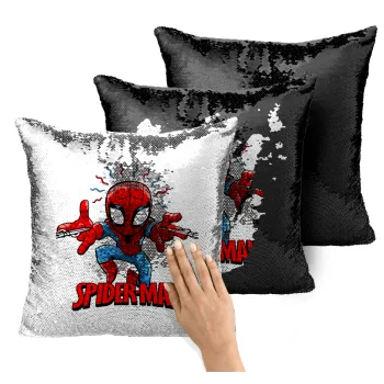 Spiderman flying, Μαξιλάρι καναπέ Μαγικό Μαύρο με πούλιες 40x40cm περιέχεται το γέμισμα