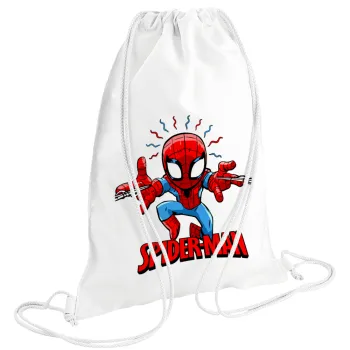 Spiderman flying, Τσάντα πλάτης πουγκί GYMBAG λευκή (28x40cm)