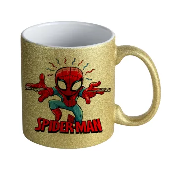Spiderman flying, Κούπα Χρυσή Glitter που γυαλίζει, κεραμική, 330ml