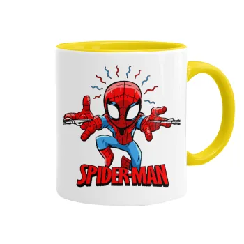 Spiderman flying, Κούπα χρωματιστή κίτρινη, κεραμική, 330ml
