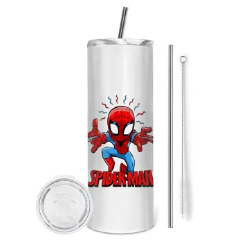 Spiderman flying, Tumbler ποτήρι θερμό από ανοξείδωτο ατσάλι 600ml, με μεταλλικό καλαμάκι & βούρτσα καθαρισμού