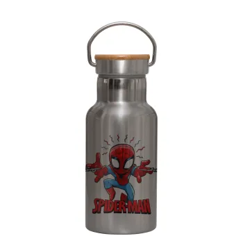 Spiderman flying, Stainless steel metallic thermos flask, silver with a bamboo lid, double-walled, 350ml.