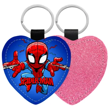 Spiderman flying, Μπρελόκ PU δερμάτινο glitter καρδιά ΡΟΖ