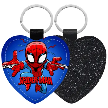 Spiderman flying, Μπρελόκ PU δερμάτινο glitter καρδιά ΜΑΥΡΟ