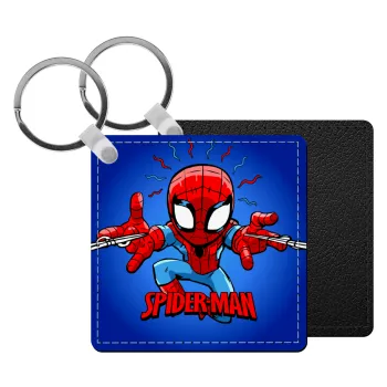 Spiderman flying, Μπρελόκ Δερματίνη, τετράγωνο ΜΑΥΡΟ (5x5cm)