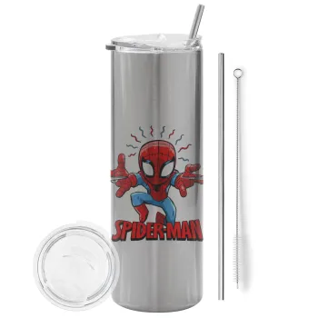 Spiderman flying, Tumbler ποτήρι θερμό Ασημένιο από ανοξείδωτο ατσάλι 600ml, με μεταλλικό καλαμάκι & βούρτσα καθαρισμού