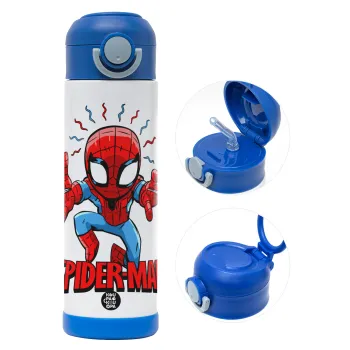 Spiderman flying, Παιδικό παγούρι θερμό, ανοξείδωτο, με καλαμάκι ασφαλείας, ΜΠΛΕ (500ml)