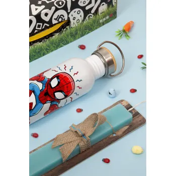 Spiderman flying, Πασχαλινή Λαμπάδα με παγούρι μεταλλικό (620ml, stainless steel) & κερί αρωματικό πλακέ (30cm) (ΤΙΡΚΟΥΑΖ)