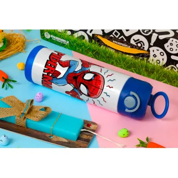 Spiderman flying, Easter candle, Childrens hot water bottle, stainless steel, with safety straw, BLUE (500ml)