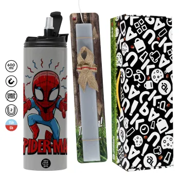 Spiderman flying, Πασχαλινή Λαμπάδα με Travel Tumbler θερμό (600ml, BPA free) & κερί αρωματικό πλακέ (30cm) (ΓΚΡΙ)