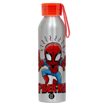 Spiderman flying, Αλουμινένιο Αθλητικό Μπουκάλι 650ml – Ασημί με Κόκκινο Καπάκι και Λουράκι Σιλικόνης
