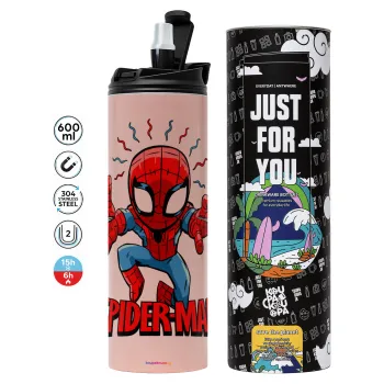 Spiderman flying, Tumbler ποτήρι θερμό ΡΟΖ από ανοξείδωτο ατσάλι 600ml