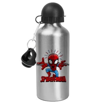Spiderman flying, Μεταλλικό παγούρι νερού, Ασημένιο, αλουμινίου 500ml