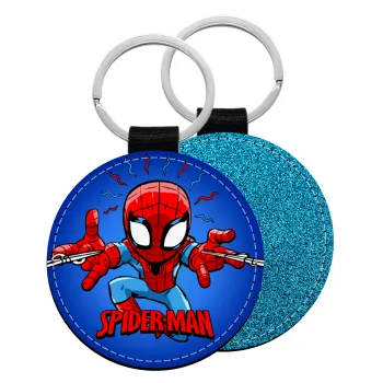 Spiderman flying, Μπρελόκ Δερματίνη, στρογγυλό ΜΠΛΕ (5cm)