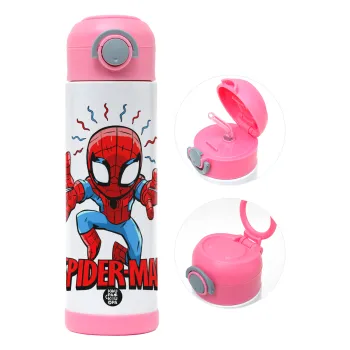 Spiderman flying, Children's hot water bottle, stainless steel, with safety straw, PINK (500ml)