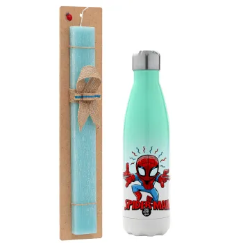 Spiderman flying, Easter Set, Metallic green/white thermos (Stainless steel), double-walled, 500ml & scented flat Easter candle (30cm) (TURQUOISE)