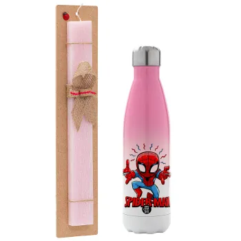 Spiderman flying, Πασχαλινή Λαμπάδα με Μεταλλικό παγούρι θερμός Ροζ/Λευκό (Stainless steel), διπλού τοιχώματος, 500ml & κερί αρωματικό πλακέ (30cm) (ΡΟΖ)