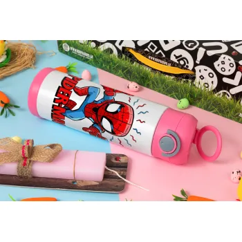 Spiderman flying, Easter candle, Childrens hot water bottle, stainless steel, with safety straw, PINK (500ml)