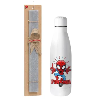 Spiderman flying, Easter Set, metallic stainless thermos bottle (500ml) & scented flat Easter candle (30cm) (GRAY)
