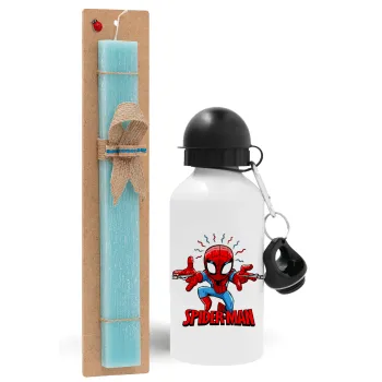 Spiderman flying, Easter Set, metallic aluminum water bottle (500ml) & scented flat candle (30cm) (TURQUOISE)