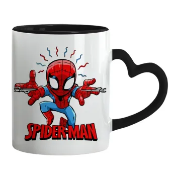 Spiderman flying, Mug heart black handle, ceramic, 330ml