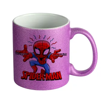 Spiderman flying, Κούπα Μωβ Glitter που γυαλίζει, κεραμική, 330ml
