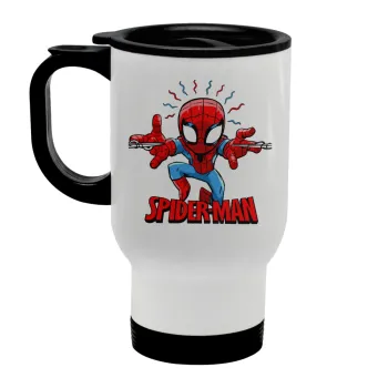 Spiderman flying, Stainless steel travel mug with lid, double wall white 450ml