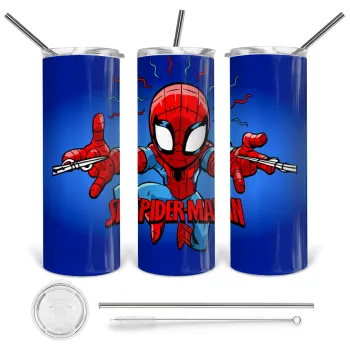 Spiderman flying, Tumbler ποτήρι θερμό από ανοξείδωτο ατσάλι 600ml, με μεταλλικό καλαμάκι & βούρτσα καθαρισμού