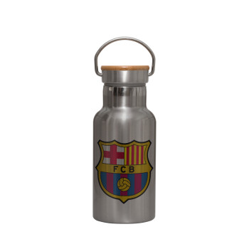 Barcelona FC, Μεταλλικό παγούρι θερμός (Stainless steel) Ασημένιο με ξύλινο καπακι (bamboo), διπλού τοιχώματος, 350ml