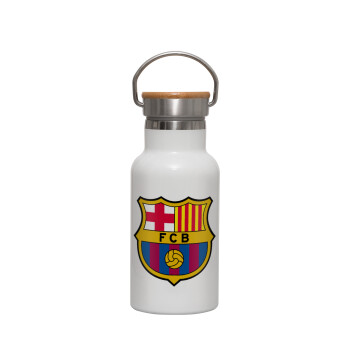 Barcelona FC, Μεταλλικό παγούρι θερμός (Stainless steel) Λευκό με ξύλινο καπακι (bamboo), διπλού τοιχώματος, 350ml