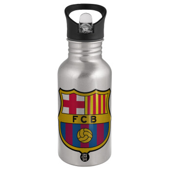 Barcelona FC, Παγούρι νερού Ασημένιο με καλαμάκι, ανοξείδωτο ατσάλι 500ml
