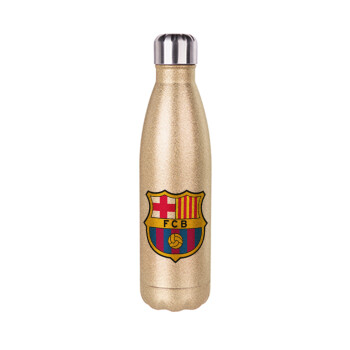 Barcelona FC, Μεταλλικό παγούρι θερμός Glitter χρυσό (Stainless steel), διπλού τοιχώματος, 500ml