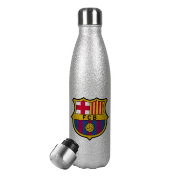 Barcelona FC, Μεταλλικό παγούρι θερμός Glitter Aσημένιο (Stainless steel), διπλού τοιχώματος, 500ml