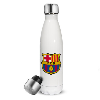 Barcelona FC, Μεταλλικό παγούρι θερμός Λευκό (Stainless steel), διπλού τοιχώματος, 500ml